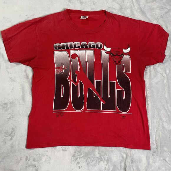 Vtg Chicago Bulls T Shirt Made In USA Michael Jordan Mens L Spellout Graphic - Picture 1 of 15